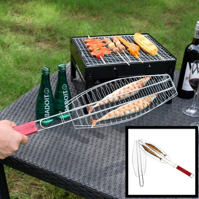 Visklem voor BBQ met Houten Handvat - Barbeque Vis klem - Bbq Grill Vissen rooster - Visrooster - Vistang - Vishouder