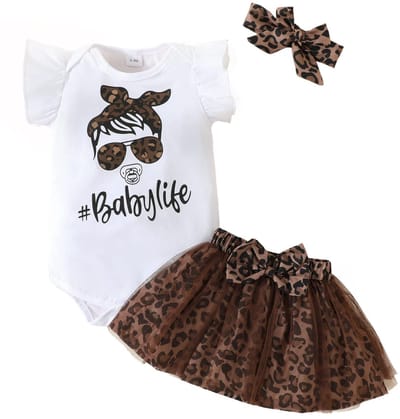 Dailygoods - 3-delige babyset voor pasgeborenen, zomerkleding, korte mouwen, rompertje + luipaardpatroon, rok + hoofdband voor meisjes, 3-delige set voor 0-24 maanden