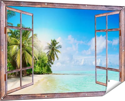 Gards Tuinposter Doorkijk Tropisch Strand bij de Licht Blauwe Zee - 150x100 cm - Tuindoek - Tuindecoratie - Wanddecoratie buiten - Tuinschilderij