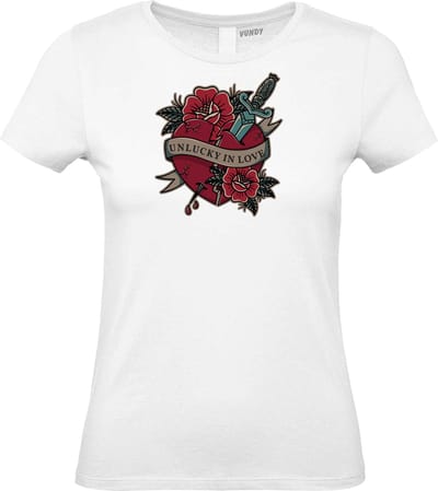 Dames T-shirt Unlucky In Love | valentijn cadeautje voor hem haar | valentijn | valentijnsdag cadeau | Wit dames | maat XS