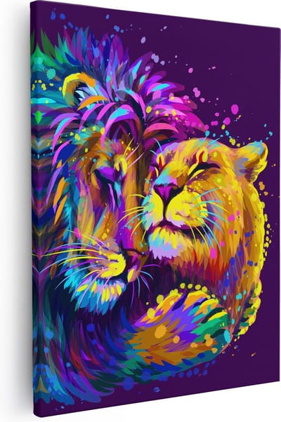 Artaza Canvas Schilderij Leeuw En Leeuwin - 40x50 cm - Muurdecoratie Abstract - Wanddecoratie Dieren - Kamer Accessoires Woonkamer