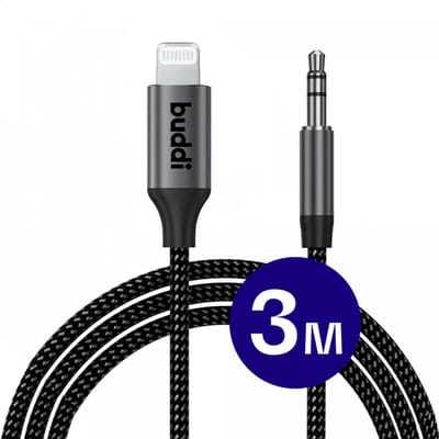 Buddi Flex - Lightning naar 3.5mm Jack Aux Audio Kabel met DAC Chip - Aux kabel geschikt voor iPhone (iPhone 14-serie en ouder) en iPad met Lightning - Gevlochten Nylon - Auto - 3 Meter - Zwart