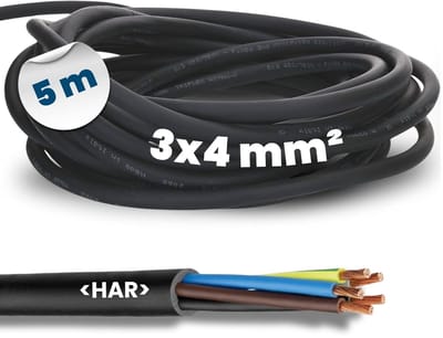 meter Kalitec H07RN-F 3x4 mm² rubberkabel met beschermingsgeleider voor buitengebruik | Zwarte elektrische kabel, flexibele kabel voor bouwplaatsen | UV- en oliebestendig | 3G4 rubber aansluitkabel, 3-aderig