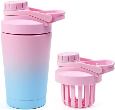 500 ml, eiwitshaker met zeef, roestvrij staal, shaker, metalen eiwitshaker, mixbeker, roestvrij staal, lekvrije thermosfles voor eiwitpoeder, eiwitshake, sportdranken, roze