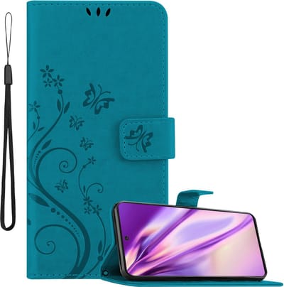 Cadorabo Hoesje geschikt voor Samsung Galaxy NOTE 20 in BLOEMEN BLAUW - Beschermhoes in bloemmotief met magnetische sluiting, standfunctie en kaartsleuven Book Case Cover Etui