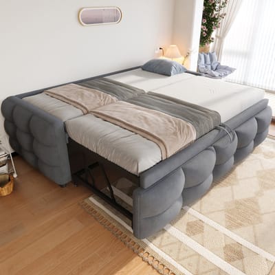 REDOM uitschuifbaar gestoffeerd bed – Teddystof grijs – 90/180x190 cm (eenpersoons- en tweepersoonsbed) – Uitschuifbaar ontwerp – 24 latten – 300 kg