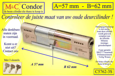 M&C Condor - High Security profielcilinder - SKG*** - 57x62 mm - Politiekeurmerk Veilig Wonen  -  inclusief gereedschap montageset