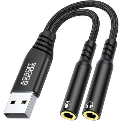 AdroitGoods Externe USB-geluidskaart met 2x 3,5 mm TRRS-aansluitingen - 0,3 meter USB op 2 TRRS 3,5 mm aansluitingen - Zwart