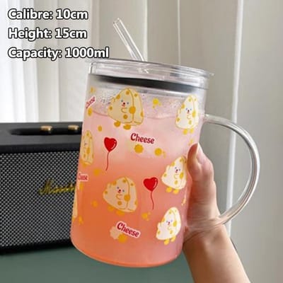 Schattige Cartoon Transparante Glazen Beker Met Handvat En Deksel Rietje Grote Capaciteit Koffie Melk Sap Bekers Hittebestendig Glazen Drinkware 1000ml