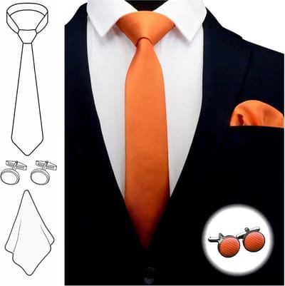 Fako Fashion - Stropdas Met Pochette en Manchetknopen - Gestreept - Ribstructuur - 100% Zijde - Effen - 6cm - 145cm - Oranje