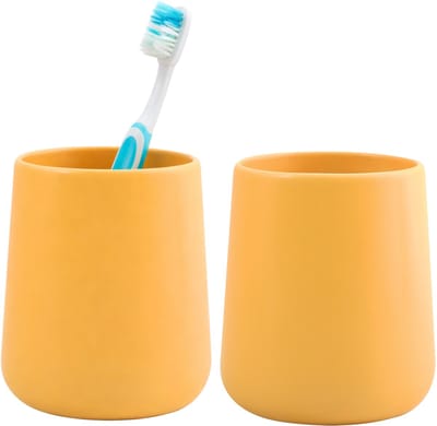 Bathroom Solutions Badkamer beker / tandenborstelhouder Earth Serie - 2x - Keramiek - geel - 8 x 10 cm