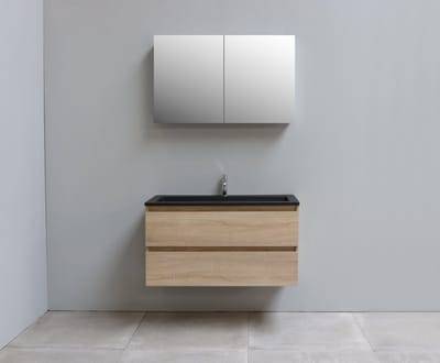 Basic Bella Badkamermeubelset - 100x55x46cm - 1 wasbak - Acryl - Zwart - 1 kraangat - Spiegelkast zonder verlichting - MDF Eiken