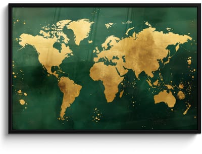 Poster in lijst - Fotolijst 120x80 cm - Posters - Wereldkaart - Groen - Goud - Posterlijst zwart - Decoratie - Wanddecoratie woonkamer - Muurdecoratie slaapkamer