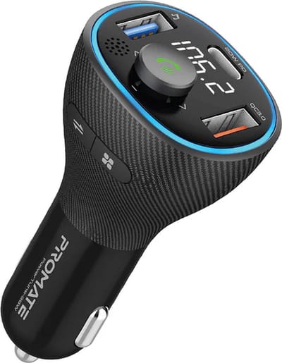 ProMate® Draadloze 5 in 1, FM-zender, Transmitter met Bluetooth V5.1, USB-C PD, QC 3.0, USB-mediapoort en microfoon, Auto sigaretten ingang, Universeel, PowerTune-38W