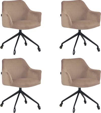 Bronx71® Eetkamerstoel met wieltjes Quinn taupe velvet - Eetkamerstoelen set van 4 - stoel