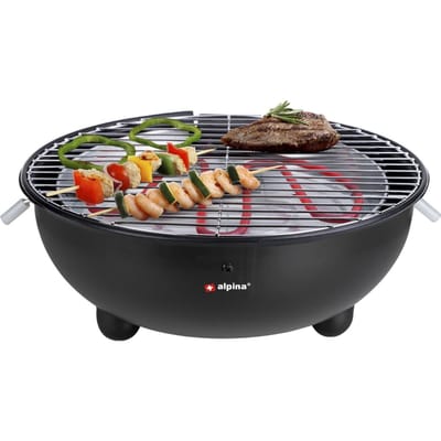 alpina Elektrische BBQ 1250W - Tafel Barbecue zonder Rook - Barbecuegrill met Grillrooster Ø30cm - Geschikt voor Binnen Gebruik - Zwart