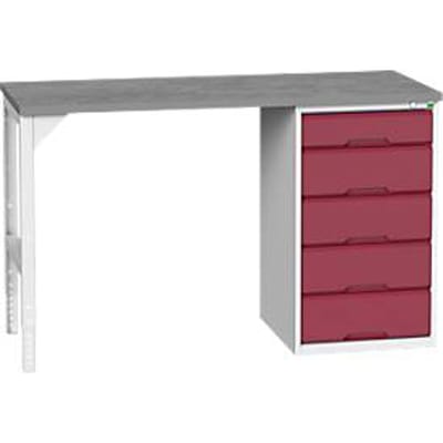 Onderbank Bott verso, linoleumblad, 5 laden, B 1500 x D 600 x H 930 mm, lichtgrijs/paarsrood