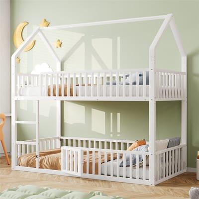 YEHTOKHOME Metalen hoogslaper 90 x 200 cm met ladder, Kinderbed stapelbed met zijhekken, onderste bed met kleine deur om te openen en te sluiten, wit