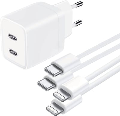USB C Adapter - Snellader Geschikt voor iPhone en iPad - 1 Meter - Oplaadkabel - GaN Oplader - Dubbele USB C Poorten - 45W Vermogen - Incl. Lightning Kabel - 2 Kabel PACK - Stekkerblok - Wit