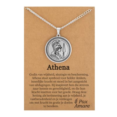 Griekse God Pallas Athena Ketting op Cadeau Kaartje - Zilverkleurige Mythologie Talisman - Roestvrij Staal - Athene - 60cm - Pax Amare