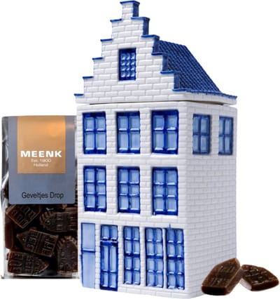 Voorraadpot - grachtenpand - 20 cm hoog - droppot - drop - Delfts blauw - Hollandse cadeautjes - Holland souvenir