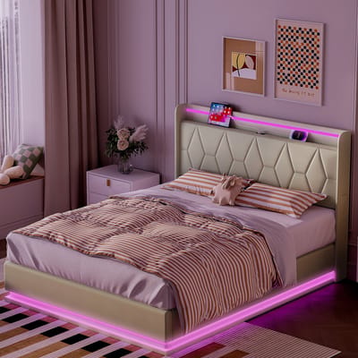 Tweepersoonsbed 140x200cm – Wit Fluwelen Opbergbed met LED Lichtstrip & USB – Gasveer Functie