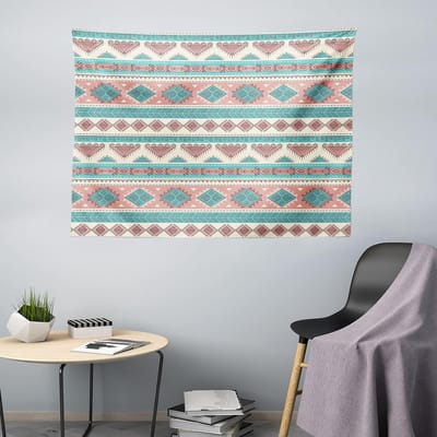 ABAKUHAUS Tribale Wandtapijt, Azteekse kunststijl, woonkamer slaapkamer wanddoek zijdezacht satijnen wandkleed, 200 x 150 cm, Perzikcrème Aqua