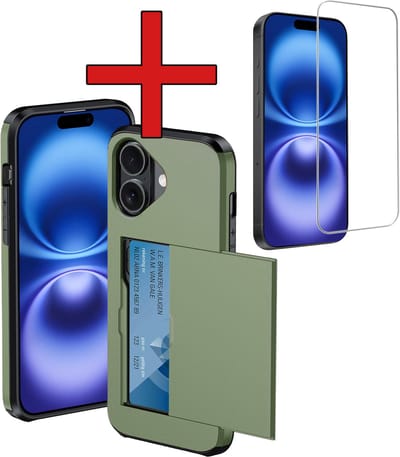 Hoesje Geschikt voor iPhone 16 Hoesje Met Pasjeshouder Hard Case Met Kaarthouder Met Screenprotector - Hoes Geschikt voor iPhone 16 Hoesje Pashouder Case - Donkergroen