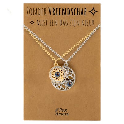 BFF Ketting voor 2 'Zonder Vriendschap mist een dag zijn kleur' - Rondjes ILY IN 100 TALEN - Vriendschapsketting op Cadeau Kaartje - 45cm + 5cm verstelbaar - Goudkleurig & Zilverkleurig - Best Friends Hanger - Pax Amare