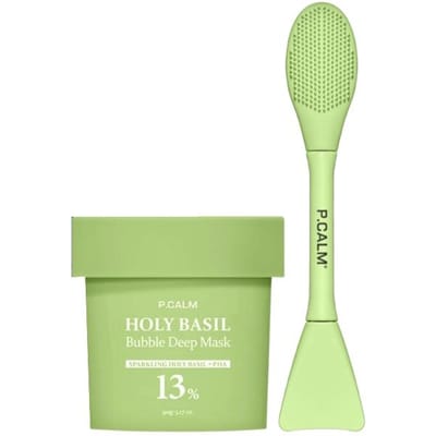 [P.CALM] Heilige Basilicum Bubbel Diep Reinigend Masker (90g) + Dubbele Poriënborstel Set - Geavanceerde Micro-Zuurstofbel Adsorptiematrix & Precisie Reinigend Gezichts Duo beige