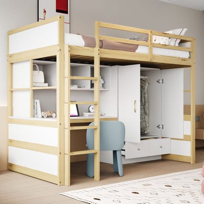 DESMIU Hoogslaper 90 x 200 cm - Hoogslaper Met Bureau, Kast En Lades - Met Rechte Trap - Voor Kinderkamer En Jeugdkamer - Massief Hout - Natuurlijk Hout - Zonder Matras