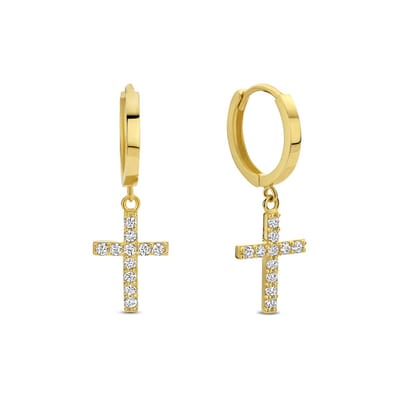 New Bling 9NBG-0760 Gouden Oorringen met Kruisje - Oorbellen - Zirkonia - 14 Karaat - 12mm Doorsnee - 1,5mm Breed - Kruis - 12x8mm - Scharnier - Goud