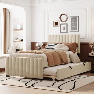 Gestoffeerd bed - Kinderbed tienerbed - Logeren slapen - Uittrekbaar logeerbed - 90 x 190 cm - Beige