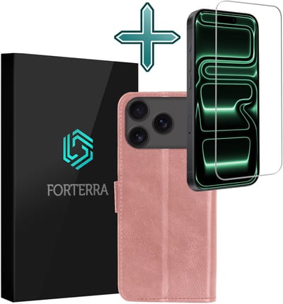 Hoesje Met Screenprotector - Geschikt voor Apple iPhone 17 Pro - Luxe Pasjeshouder - Flipcase - Bookcase Portemonee - Flip Case - Kunstleer Book Case - Book Cover - Walletcase - Portemonneehoes - Rosé goud