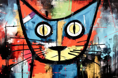 John Joseb Art (Canvas) 120x80 | Kat, poes in Herman Brood stijl, abstract, kleurrijk, felle kleuren, kunst | dier, blauw, rood, geel, groen, modern | Foto-Schilderij canvas print (wanddecoratie)