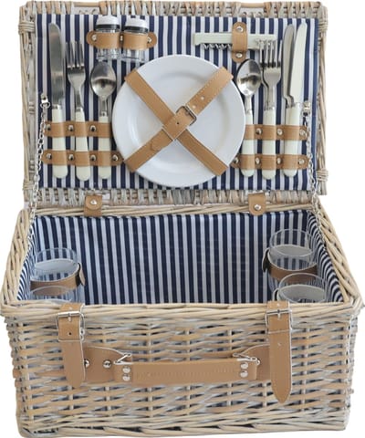 Picknickmand Lumparland incl. inhoud voor 4 personen 42x28x20 cm naturel wit en blauw casa.pro