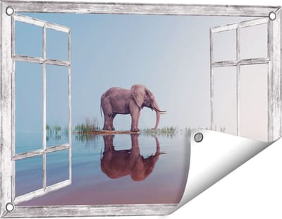 Gards Tuinposter Doorkijk Olifant bij het Water - 60x40 cm - Tuindoek - Tuindecoratie - Wanddecoratie buiten - Tuinschilderij