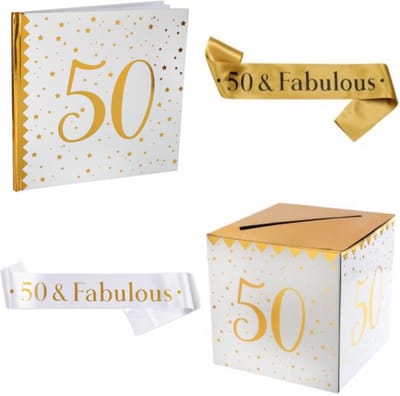 4-delige set voor een 50-jarig jubileum met gastenboek, moneybox en 2 sjerpen - 50 - jubileum - sarah - abraham - goud - gastenboek - moneybox - sjerp