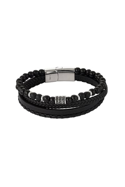 Heren Armband Leer - Zwart/Zilver - Stainless steel - Magneetsluiting