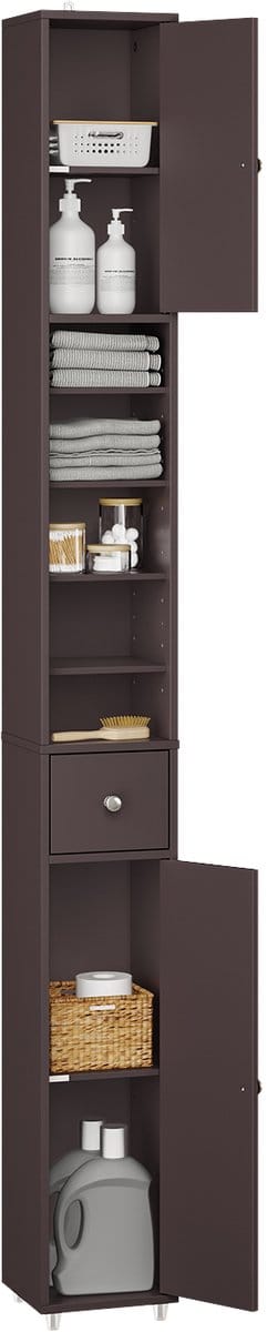 SoBuy Hoge Badkamerkast – Smalle Opbergkast met Verstelbare Planken en Lade – Donkerbruin, 20x20x180cm, BZR34-II-BR – Badkamermeubel