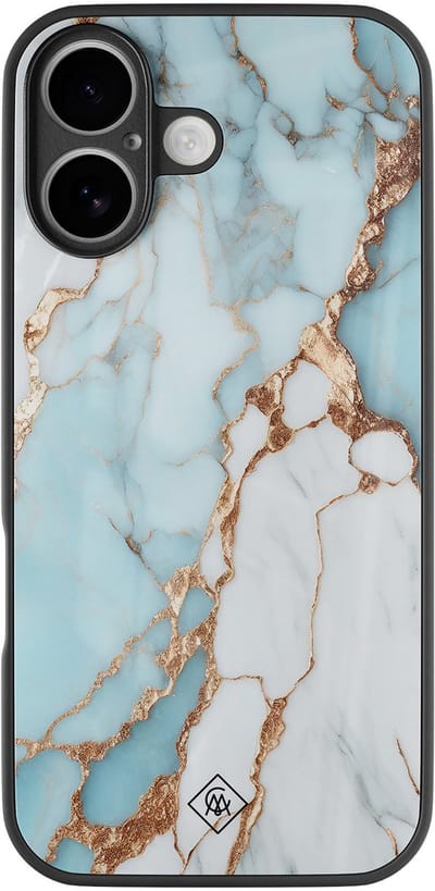 Casimoda® hoesje - Geschikt voor iPhone 17 - Marmer Lichtblauw - Luxe Hard Case Zwart - Backcover telefoonhoesje - Blauw