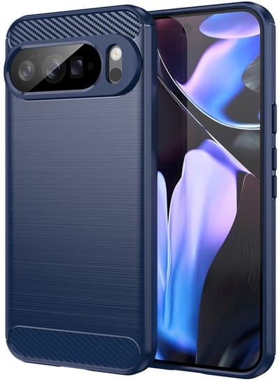 MobyDefend Hoesje - Geschikt voor Google Pixel 10 Pro XL - TPU Backcover - Geborstelde Metaal & Carbon-Look - Blauw