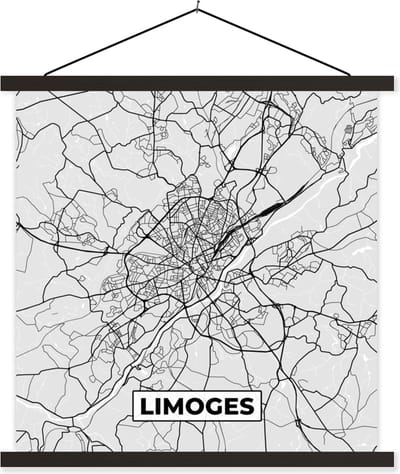 Posterhanger incl. Poster 60x60 cm - Schoolplaat - Stadskaart - Frankrijk - Kaart - Limoges - Plattegrond - Textielposter - Zwarte latten - Stadskaart