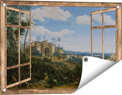 Gards Tuinposter Doorkijk Gezicht op Olinda, Brazilië - Frans Jansz. Post - 60x40 cm - Tuindoek - Tuindecoratie - Wanddecoratie buiten - Tuinschilderij