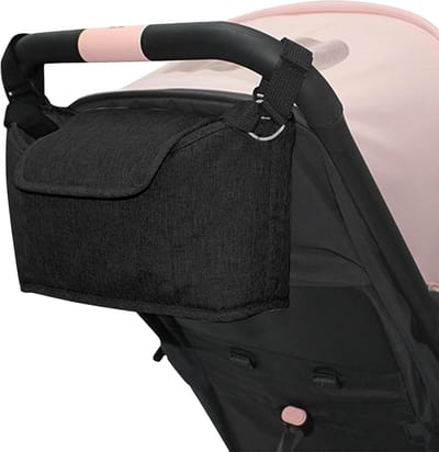 Universele kinderwagen- en kinderwagenopbergtas, opbergtas met schouderriem, ruim bekerhoudervak, geschikt voor mobiele telefoon en babyaccessoires (zwart)