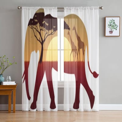 Afrikaans Landschap Olifant Transparante Gordijnen Voor Slaapkamer Woonkamer Tule Gordijnen Voor Keukenraam Voile Gordijnen 135W x 114H(cm) beige