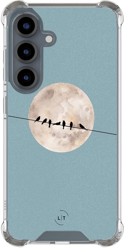 Shockproof hoesje - Geschikt voor Samsung Galaxy S25 - Moon birds - Extra sterke case - TPU/polycarbonaat - Print / Illustratie - Blauw, Transparant