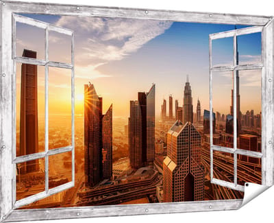 Gards Tuinposter Doorkijk Dubai Stad bij Zonsopgang - 180x120 cm - Tuindoek - Tuindecoratie - Wanddecoratie buiten - Tuinschilderij