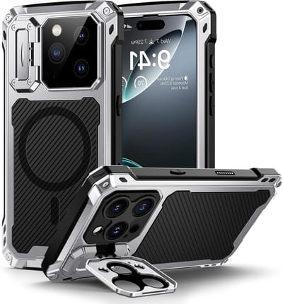 Metalen beschermhoes voor iPhone 16 Pro Max met gehard glazen scherm en camerahouder - Schokbestendige militaire kwaliteit in zilver