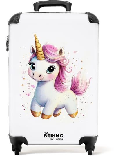 NoBoringSuitcases.com® - Kinderkoffer meisje - Kindertrolley meisjes - Witte eenhoorn met roze manen - Handbagage koffer lichtgewicht - Reiskoffer trolley kinderen - Rolkoffer met wieltjes - Past binnen 55x40x20 en 55x35x25